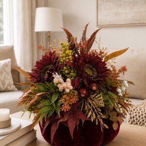 Burgundy Velvet Pumpkin Arrangement, Luxury Autumn Decor, Fall Floral Centerpiece, Handmade Seasonal Decor, Hotel Restaurant Decor