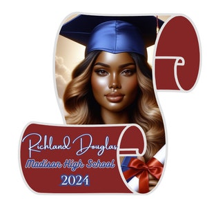 May include: A graduation announcement featuring a portrait of a Black woman wearing a blue graduation cap and gown. The announcement is in the shape of a scroll with the text "Richland Douglas Madison High School 2024" on it.