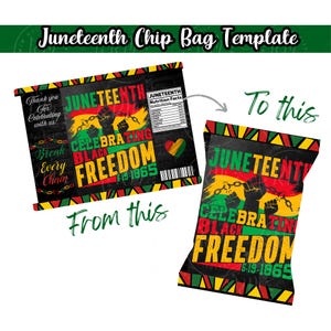 Op de afbeelding: Juneteenth chipzak sjabloon met een zwarte achtergrond en de woorden "Juneteenth Celebrating Black Freedom 6-19-1865" in geel, rood en groen. Het ontwerp bevat een vuist die kettingen breekt en een hart.