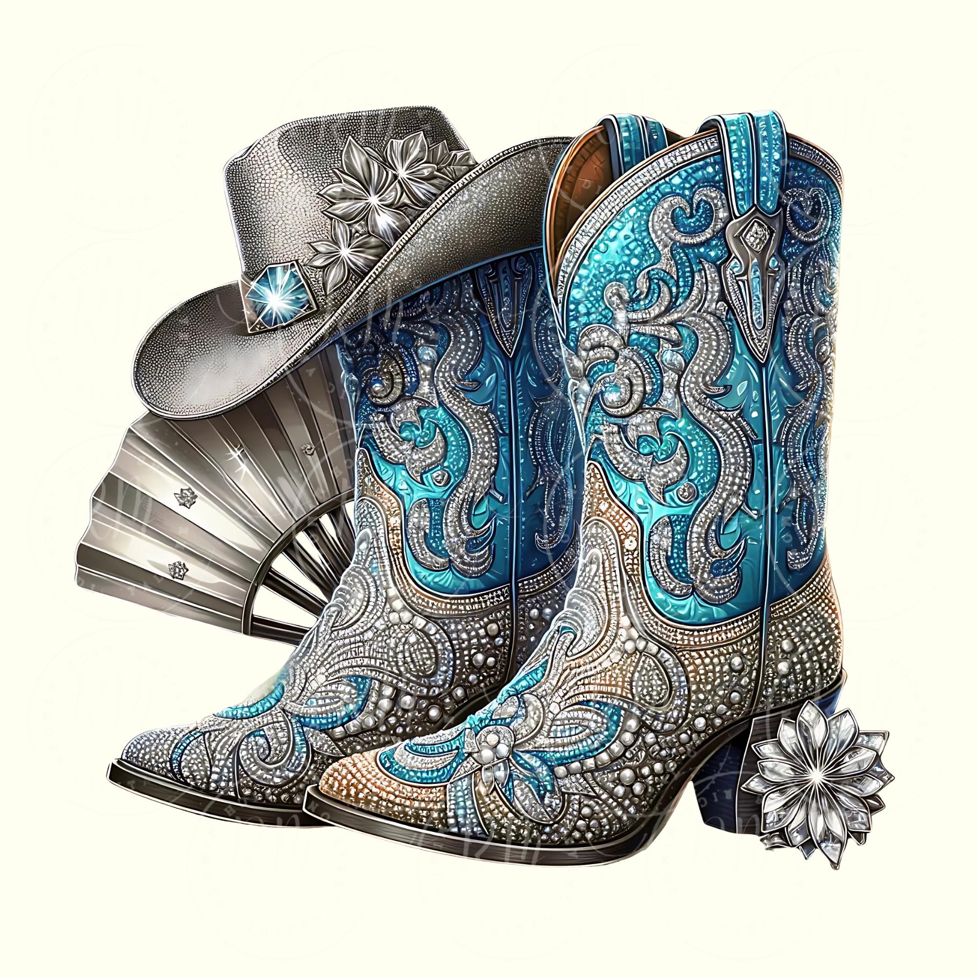 Turquoise Rhinestone Cowgirl Boots PNG: Western Graphic Design (Digital Download