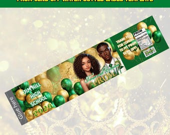 2026 Prom Water Bottle Label Template: Green & Gold Party Favor (Digital Download)
