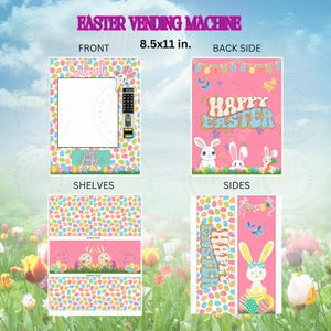 May include: Printable Easter vending machine template with a pink background and bunny illustrations. The front of the machine has a space for a name and a picture of a bunny. The back of the machine has the text "Happy Easter" in a colorful font. The sides of the machine have a pattern of colorful eggs and the text "Happy Easter". The template is 8.5 x 11 inches.