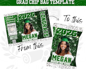 Plantilla para bolsa de chips de graduación de 2026: recuerdo verde y blanco para fiesta de graduación (editable en Canva, descarga digital)