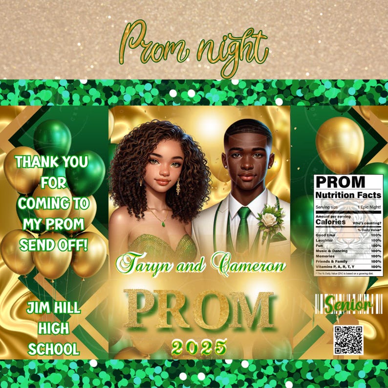2025 Prom Chip Bag Template: Green & Gold Party Favor (canva Editable ...