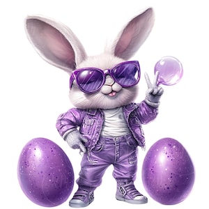 4 Cool Bunny Clipart, Easter Bunny Graphics, Purple Bunnies, Fun Easter Decoration, Gifts for Kids and Adults, Clipart for Easter decor