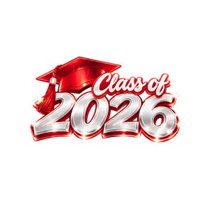 Op de afbeelding: Een rode afstudeerhoed met een kwastje staat boven de woorden "Class of 2026". De tekst is zilver met een rode omlijning en de cijfers hebben een metallic glans. Het ontwerp is een feestelijke aankondiging.