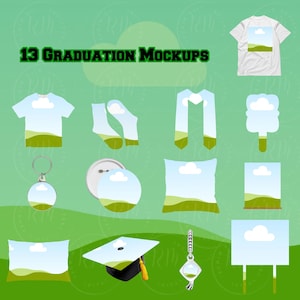 May include: An assortment of graduation mockups, including t-shirts, socks, a scarf, a keychain, a button, a pillow, a graduation cap, and a sign. Each item features a landscape design with a blue sky and green hills. The text "13 GRADUATION MOCKUPS" is displayed.