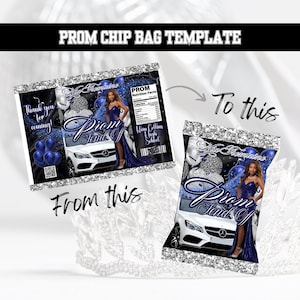 May include: A template for a chip bag design featuring a silver and blue background with a car, balloons, and a woman in a blue dress. The text "Prom Send Off" is in a large, bold font. The text "Thank you for coming!" is in the top left corner. The text "Klein Collins High School" is in the bottom right corner.