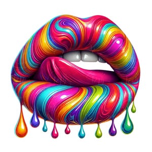 Rainbow Dripping Lips PNG: Hot Pink Glossy Lip Art (Digital Download