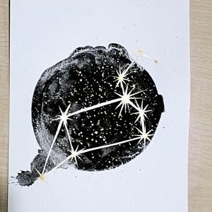 Löwe Konstellation Original Mixed Media Aquarell Tuschemalerei Sternzeichen Wand Kunst Feuerzeichen Nachthimmel Sterne Karte