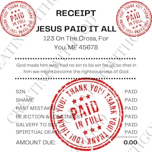 Jezus betaalde het allemaal – betaald met een volledige stempelbon. PNG,SVG,PDF Ontvangstbewijs gebedsbord. Vision Board, printbon, redding, sublimatie