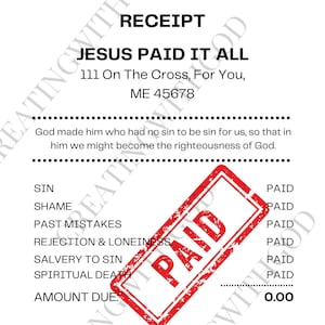 Jezus betaalde het allemaal met een gestempeld ontvangstbewijs. PNG,SVG,PDF Ontvangstbewijs gebedsbord. Vision Board-ontvangst, printbon, redding, sublimatie