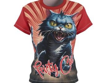 Camiseta feminina Feisty Cat, estampa total em poliéster.