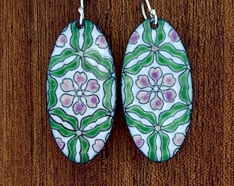 Hand-Enameled Oval Earrings: Green Floral Glass on Metal (20x40mm)