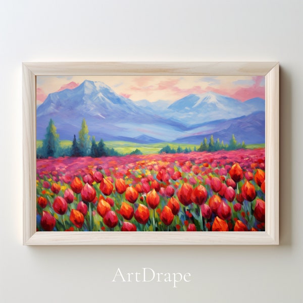 Mountain Tranquility Samsung Frame TV Art, Digital Download Featuring Serene Alpine Flowers, Oil-Painted Style, Red & Violet Wildflowers