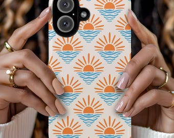Sunset Collage Phone Case, Beach Aesthetic Phone Cover, Summer Vibes Design, Retro Orange Blue Pattern Gift, iPhone 16 15 14 13 12 11 Pro