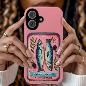 Soft Pink Sardine Phone Case, Retro Tinned Fish iPhone Case, La Dolce Vita Phone Case, Preppy Summer Phone Case iPhone 16 15 14 13 12 Pro