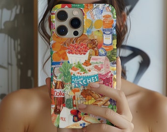 Maximalist Grocery Shopping Watercolor Collage Phone Case, Preppy Aesthetic, iPhone 16 15 14 13 12 11 Pro Max 8 7 Plus X cases