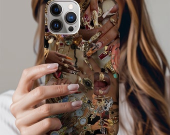 Aesthetic Decoden Phone Case with Elegant Gold Jewelry Collage, Y2K iPhone 15 14 13 12 11 Pro Max 8 7 Plus X cases