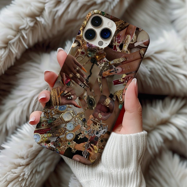 Aesthetic Decoden Phone Case with Elegant Gold Jewelry Collage, Y2K iPhone 15 14 13 12 11 Pro Max 8 7 Plus X cases