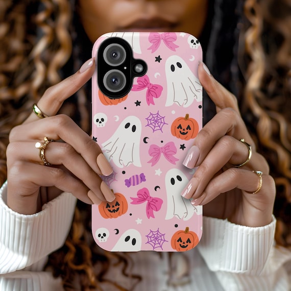 Coquette Ghost Bow Halloween Phone Case, Cute Pastel Pumpkin