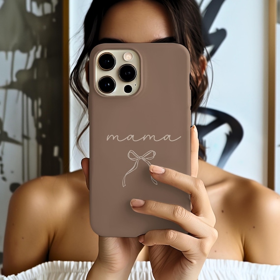 Minimalist Bow Mama Phone Case, Custom Name Case, Espresso Aesthetic Gift for Mom, Mother's Day & New Mom Present iPhone 16 15 14 13 12 Pro