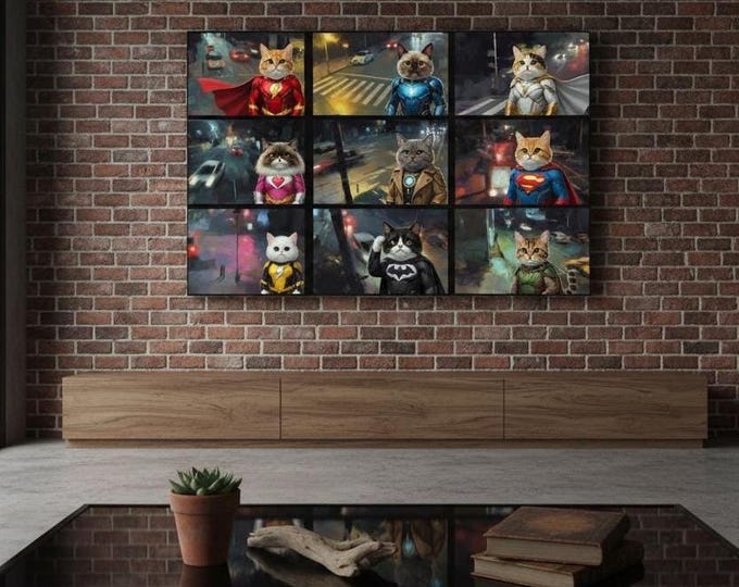 Featured listing image: Superhero Cat Canvas Wall Art, Hero Cats Poster, Animals on Camera, Ready to Hang.