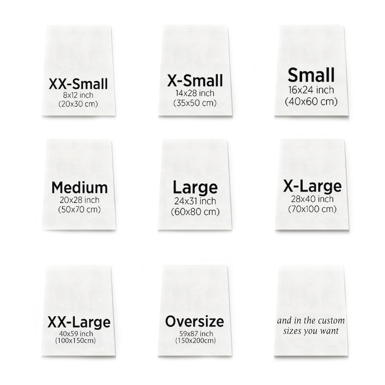 K&ouml;nnte beinhalten: Neun wei&szlig;e rechteckige Karten mit schwarzem Text, der Gr&ouml;&szlig;en angibt: XX-Small (20x30 cm), X-Small (35x50 cm), Small (40x60 cm), Medium (50x70 cm), Large (60x80 cm), X-Large (70x100 cm), XX-Large (100x150cm), Oversize (150x200cm) und Sondergr&ouml;&szlig;en.