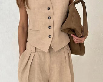 Effortlessly Chic: Women's Linen Cotton Vest & Pants Suit for Summer Office Elegance