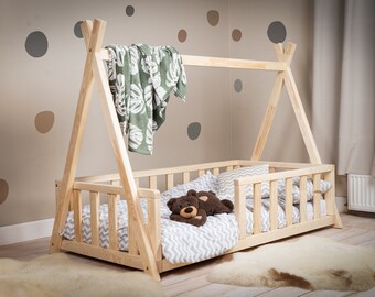 Cama para niños, casa de cama, tipi, madeira natural, cama para niños pequeños, una cama para un niño