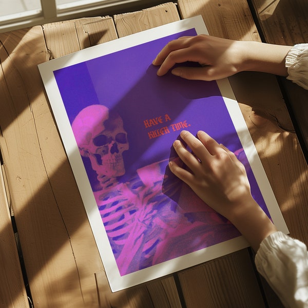 Killer Time Skeleton Art | Skeleton Pixel Wall Art | Relaxing Skull Art Print | Contemporary Art Home Decor | Digital Download