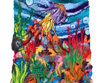 The Vivid Jellyfish Original Felted Artwork stitched onto mount board ready to frame or display