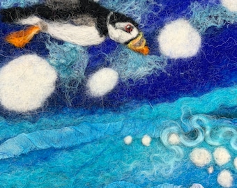 Puffin by the Sea Giclée Print on watercolour paper featuring a print of my felted art “Dive In!”