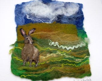 Hare by a Haystack Original Felted Art stitched onto mount board ready to frame