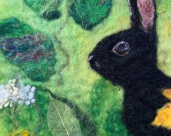 Black Bunny Original Felted Artwork stitched onto mount board ready to frame or display