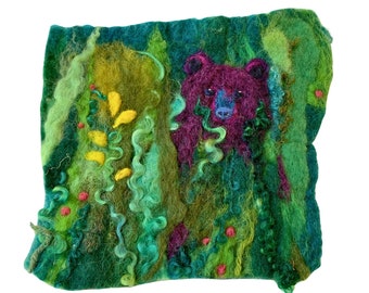 Midnight Bear in the Forest Original Needle Felted Artwork, Small Wool Picture Stitched onto Mount Board ready to frame or display