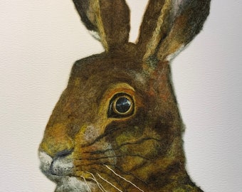 Hare Portrait Fine Art Print on watercolour paper 38 x 50 cm ready to frame, Giclée print almost identical to my original felted artwork