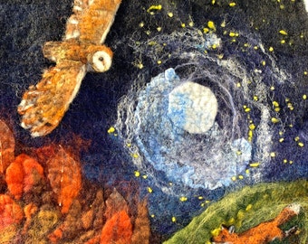 Midnight Owl and Fox in Autumn, Original Felted Artwork featuring an owl flying over an forest with a fox running over a hill