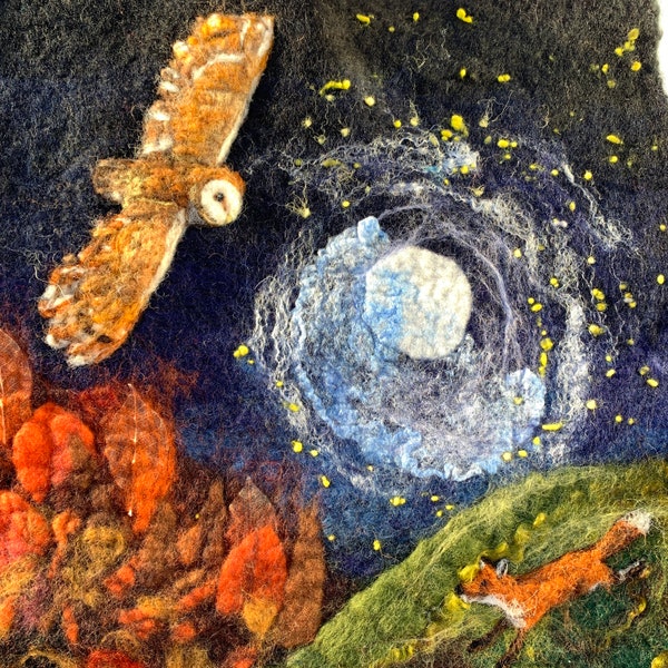 Midnight Owl and Fox in Autumn, Original Felted Artwork featuring an owl flying over an forest with a fox running over a hill