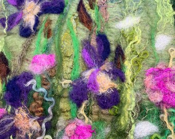 Irises Original Felted Artwork, Floral wool picture stitched onto mount board ready to frame