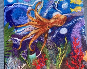 Octopus in the Coral Reef Felted Art Printed on Glossy Card, Greeting Card, Blank inside for your own message