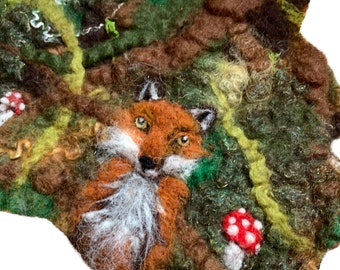 Whimsical Fox in the Forest Original Needle Felted Artwork, Stitched onto Mount Board ready to frame or display