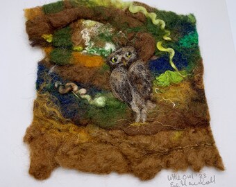 Little Owl Original Felted Artwork stitched onto mount board ready to frame or display