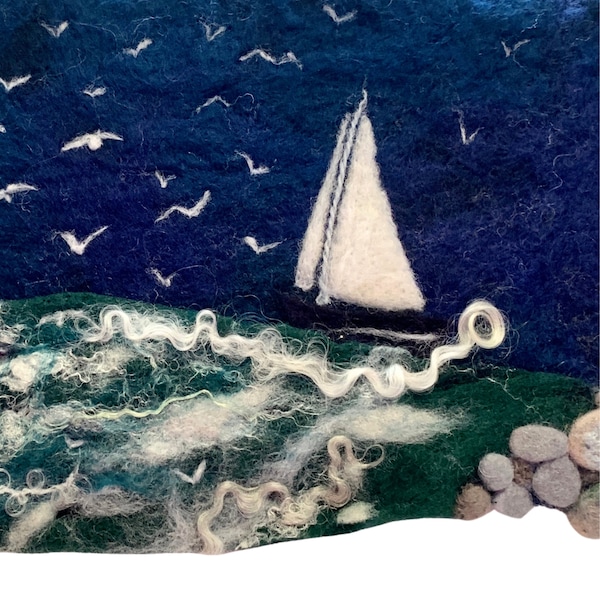 Original Artwork: Winds From the West, Felted Artwork featuring two needle felted sail boats and birds flying