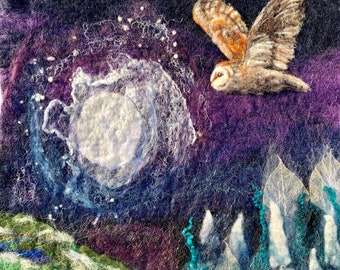 Midnight Owl in Winter Original Felted Artwork featuring an owl flying past a glittery moon over a winter forest