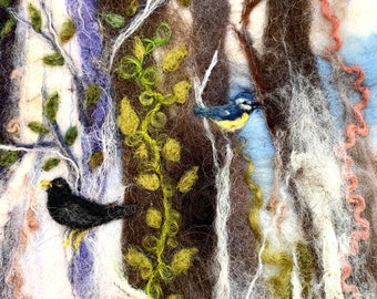 Birds in the Woods Original Felted Artwork stitched onto mount board ready to frame or display