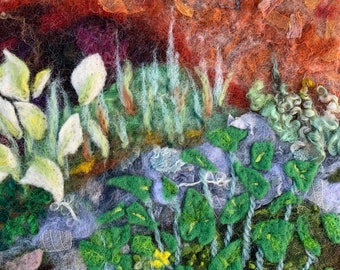 Sitting by the Pond Original Felted Artwork stitiched onto mount board ready to frame or display