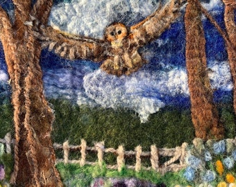 Owl Flying Through Spring Woodland Original Felted Artwork stitched onto mount board ready to frame or display