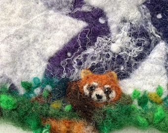 Red Panda at Night Original Felted Artwork, Small Wool Picture stitched onto mount board and ready to frame
