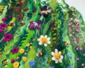 Tiny Bees Original Felted Artwork stitched onto mount board ready to frame